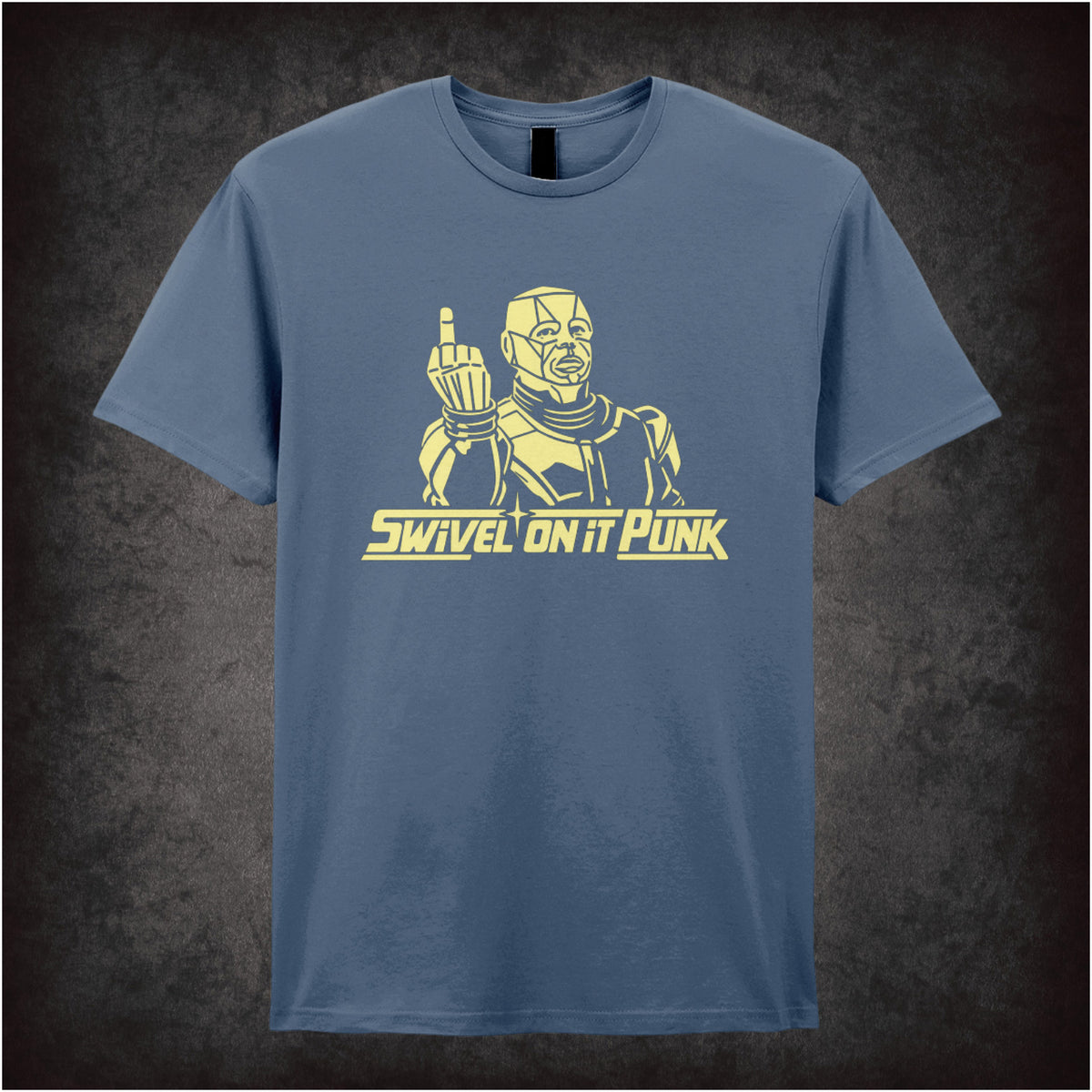 “Kryten ‘Swivel on it, punk’ T-shirt in indigo from Red Dwarf”