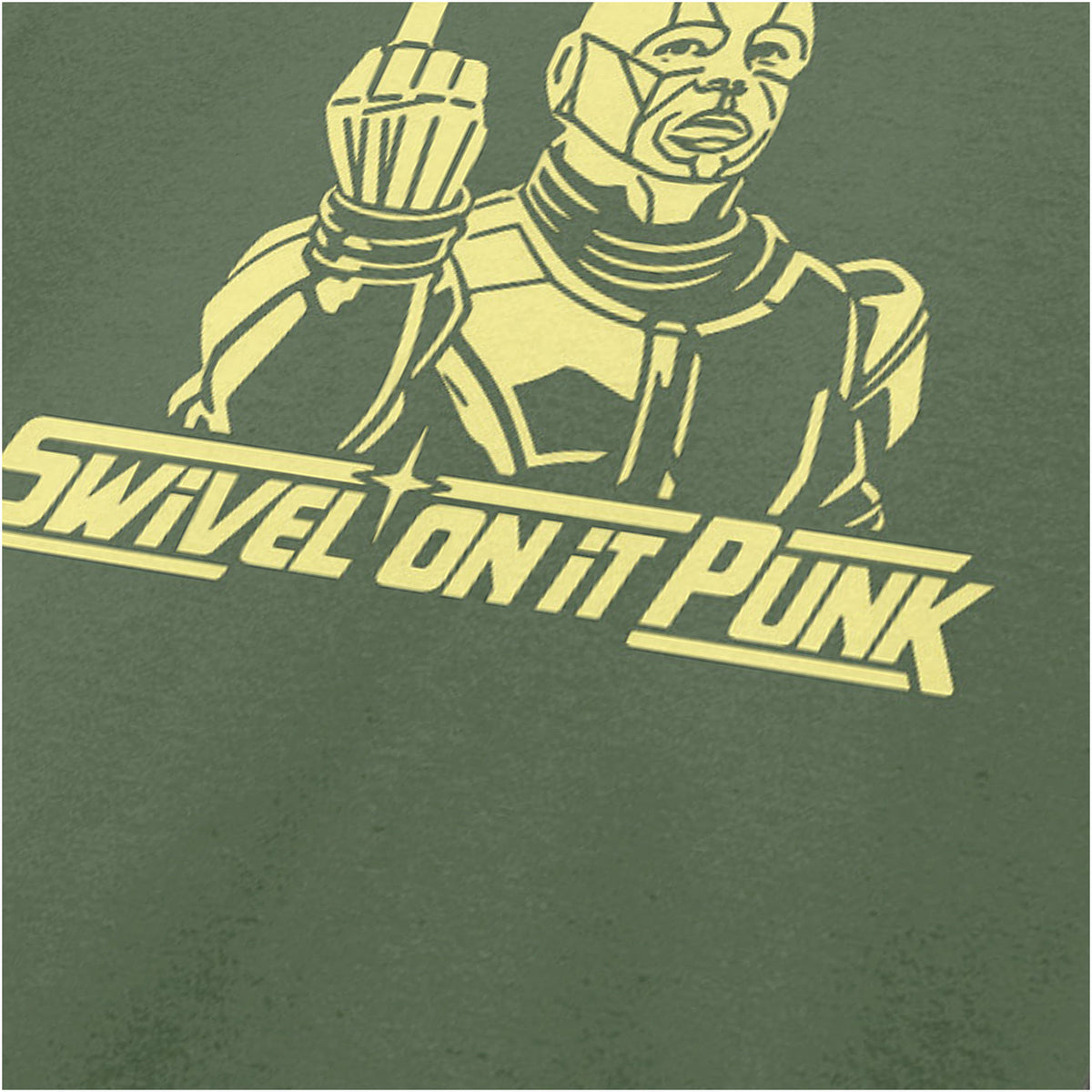 “Kryten ‘Swivel on it, punk’ close up T-shirt in military green from Red Dwarf”