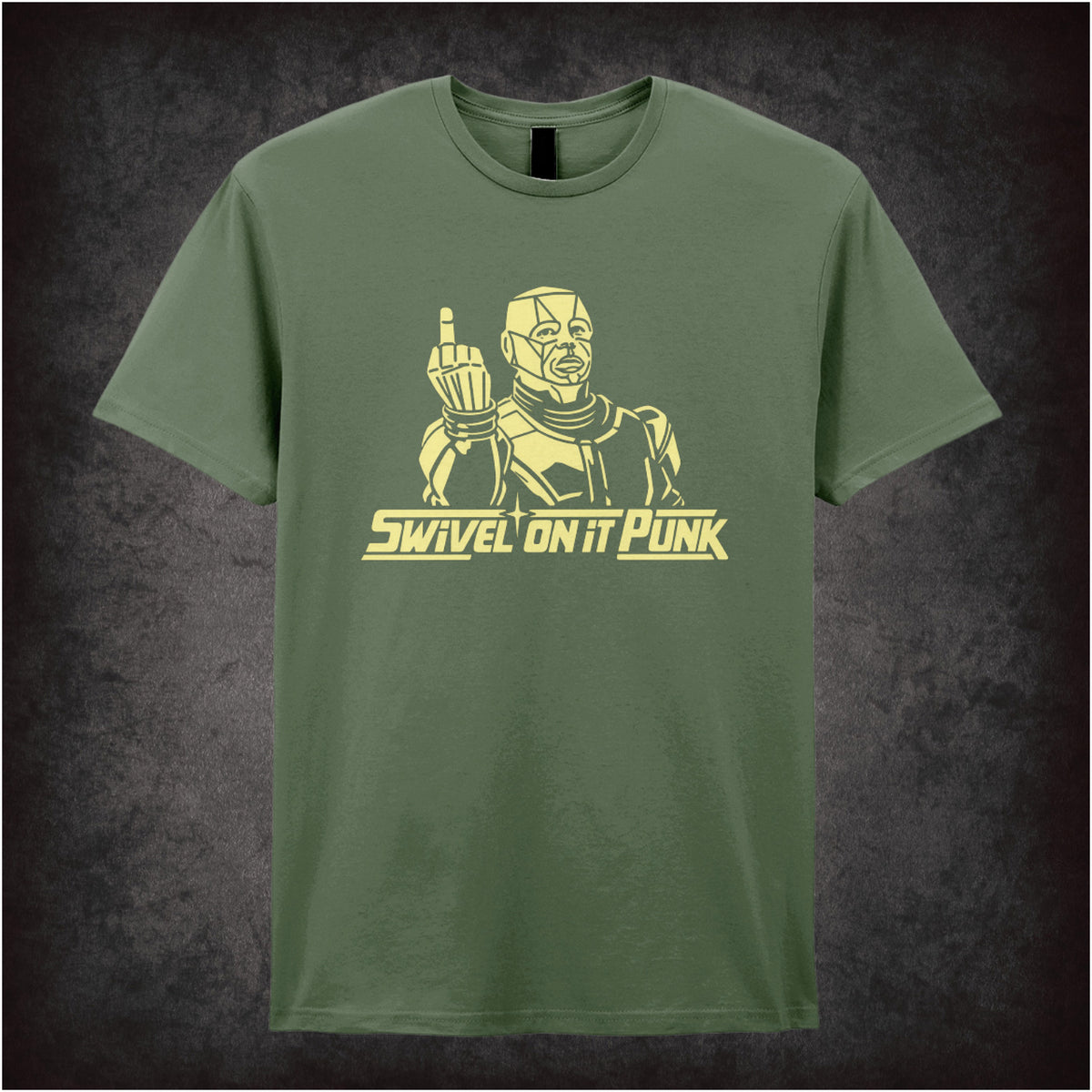 “Kryten ‘Swivel on it, punk’ T-shirt in military green from Red Dwarf”