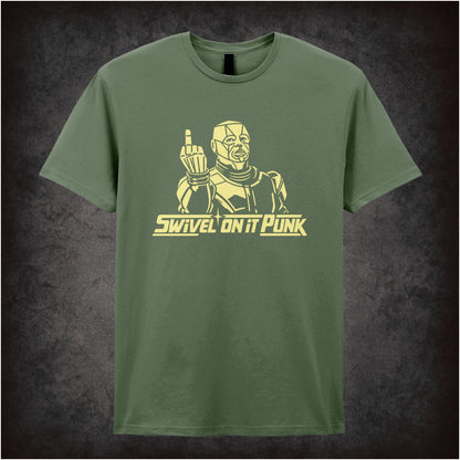 “Kryten ‘Swivel on it, punk’ T-shirt in military green from Red Dwarf”
