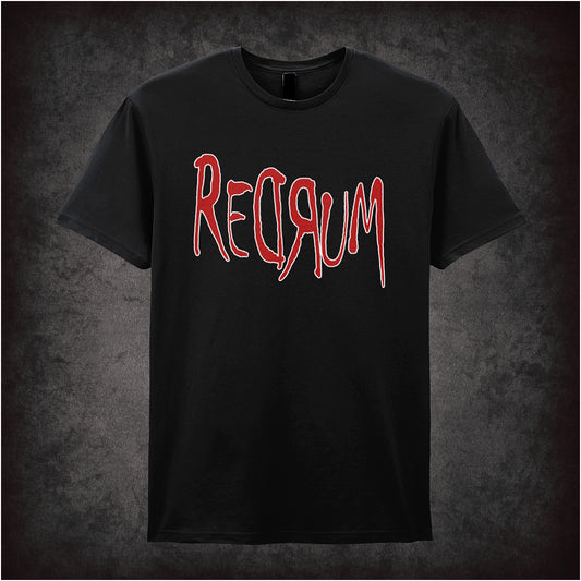 Black unisex T-shirt featuring the word “Redrum” inspired by The Shining, displayed in eerie, blood-red lettering with a distressed horror-style font.