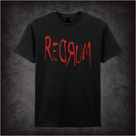 Black unisex T-shirt featuring the word “Redrum” inspired by The Shining, displayed in eerie, blood-red lettering with a distressed horror-style font.