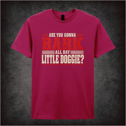Are you gonna bark all day little doggie? T-shirt in cardinal red from Reservoir Dogs
