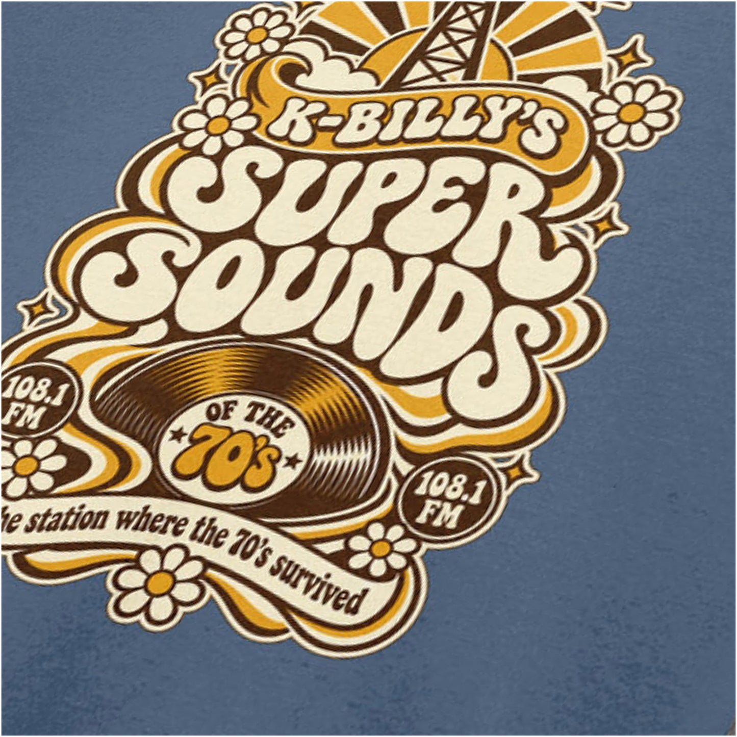 K-Billy’s Super Sounds radio logo close up T-shirt in indigo from Reservoir Dogs