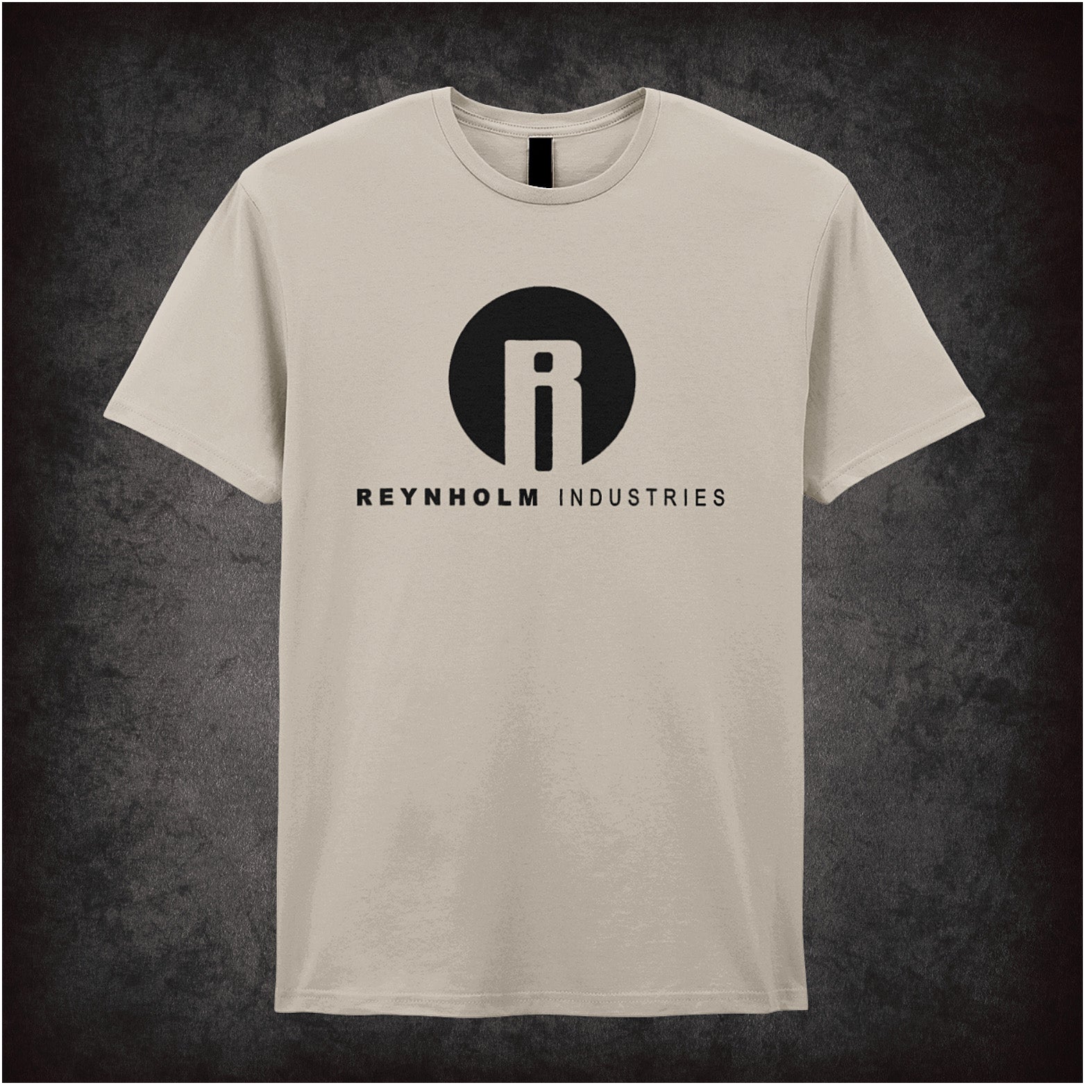 natural soft style unisex T-shirt featuring the bold corporate-style logo "Reynholm Industries," inspired by The IT Crowd TV series.