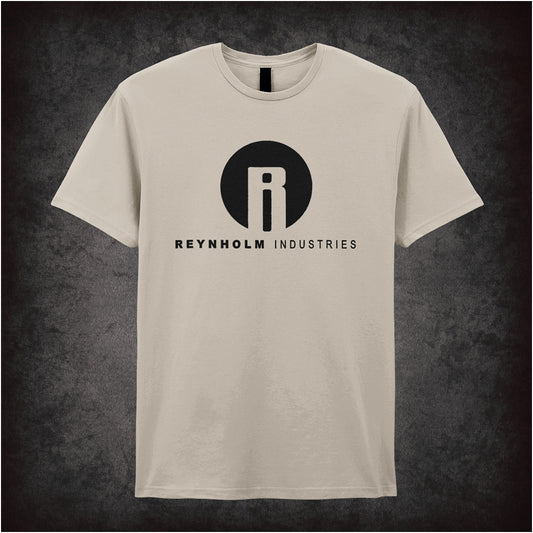 natural soft style unisex T-shirt featuring the bold corporate-style logo "Reynholm Industries," inspired by The IT Crowd TV series.