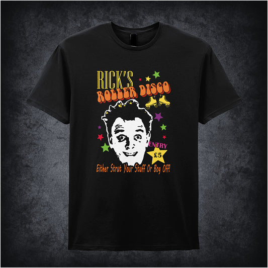 Black unisex t-shirt featuring “Rick’s Roller Disco” text inspired by The Young Ones TV show, with a retro, vibrant design.