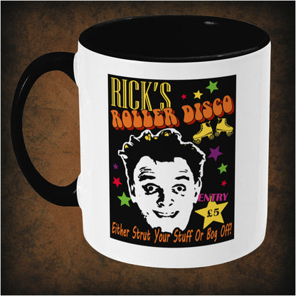 Rick’s Roller Disco two-toned mug inspired by The Young Ones, left hand side featuring nostalgic retro design, bold typography, and collectible British comedy fan merchandise.