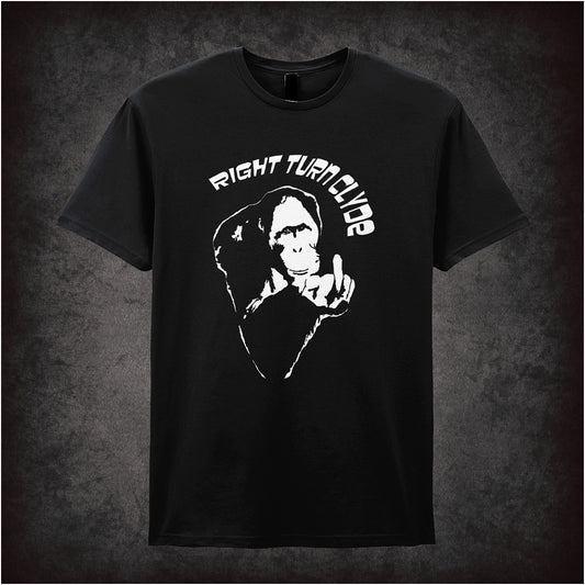 Right Turn Clyde unisex black t-shirt inspired by Every Which Way But Loose movie soft style retro comedy fan apparel