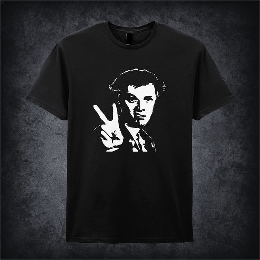 Black soft style unisex T-shirt featuring Rick Peace design inspired by The Young Ones, showcasing the character’s bold and rebellious style.