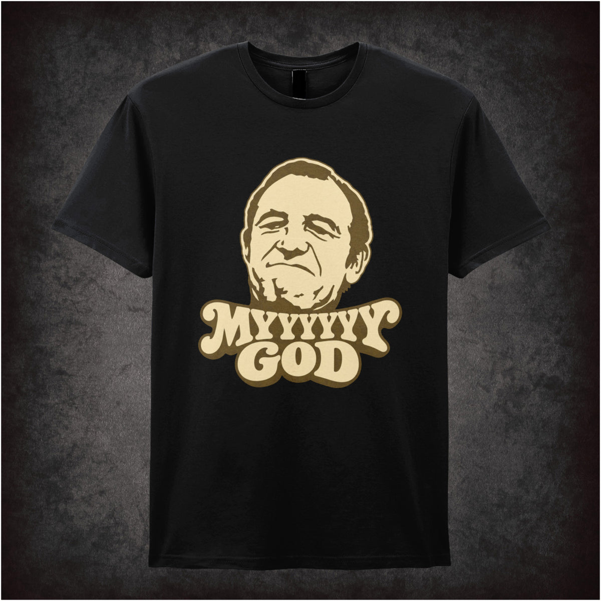 “Rigsby ‘Myyyyyyy God’ T-shirt in black from Rising Damp”
