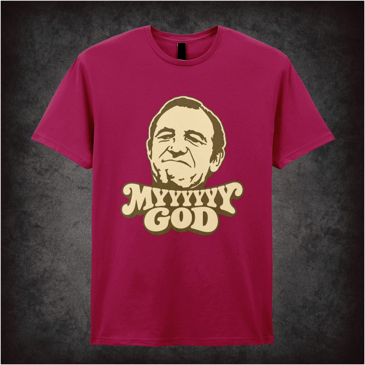 “Rigsby ‘Myyyyyyy God’ T-shirt in cardinal red from Rising Damp”