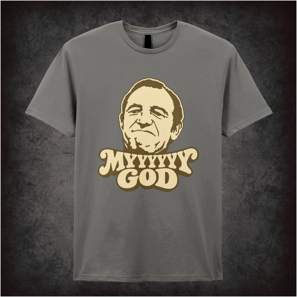 “Rigsby ‘Myyyyyyy God’ T-shirt in charcoal from Rising Damp”