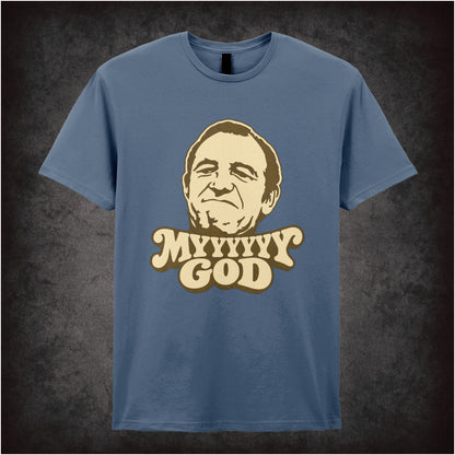 “Rigsby ‘Myyyyyyy God’ T-shirt in indigo from Rising Damp”