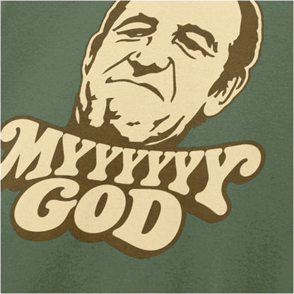 “Rigsby ‘Myyyyyyy God’ close up T-shirt in military green from Rising Damp”