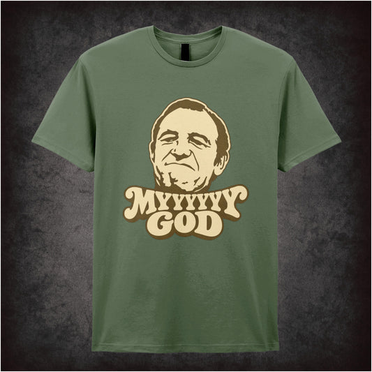 “Rigsby ‘Myyyyyyy God’ T-shirt in military green from Rising Damp”