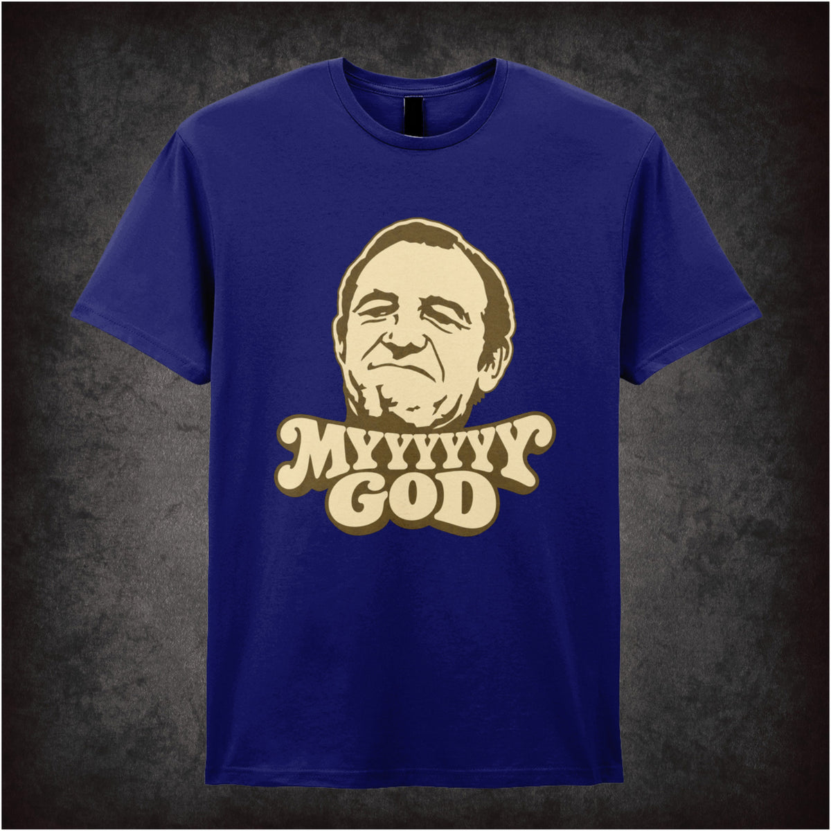 “Rigsby ‘Myyyyyyy God’ T-shirt in navy from Rising Damp”