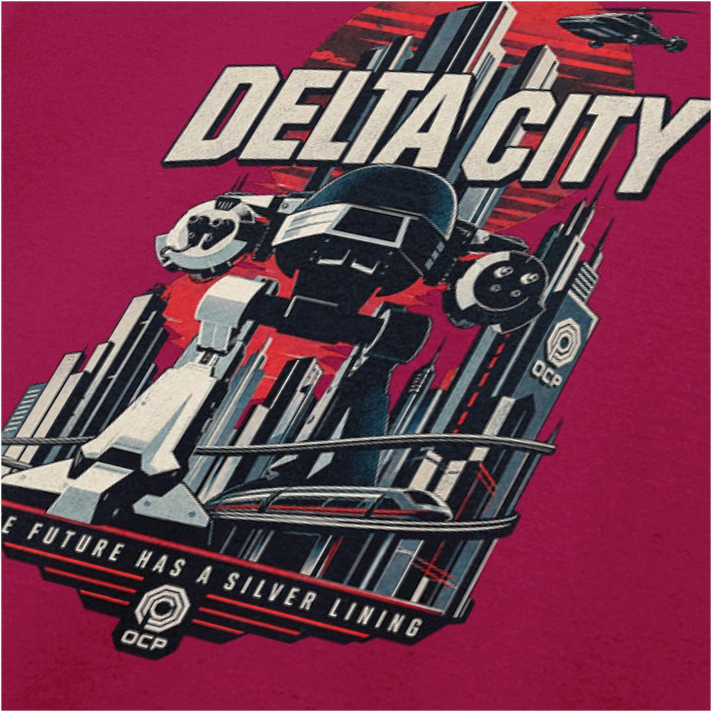 Delta City close up T-shirt in cardinal red from RoboCop