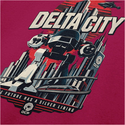 Delta City close up T-shirt in cardinal red from RoboCop