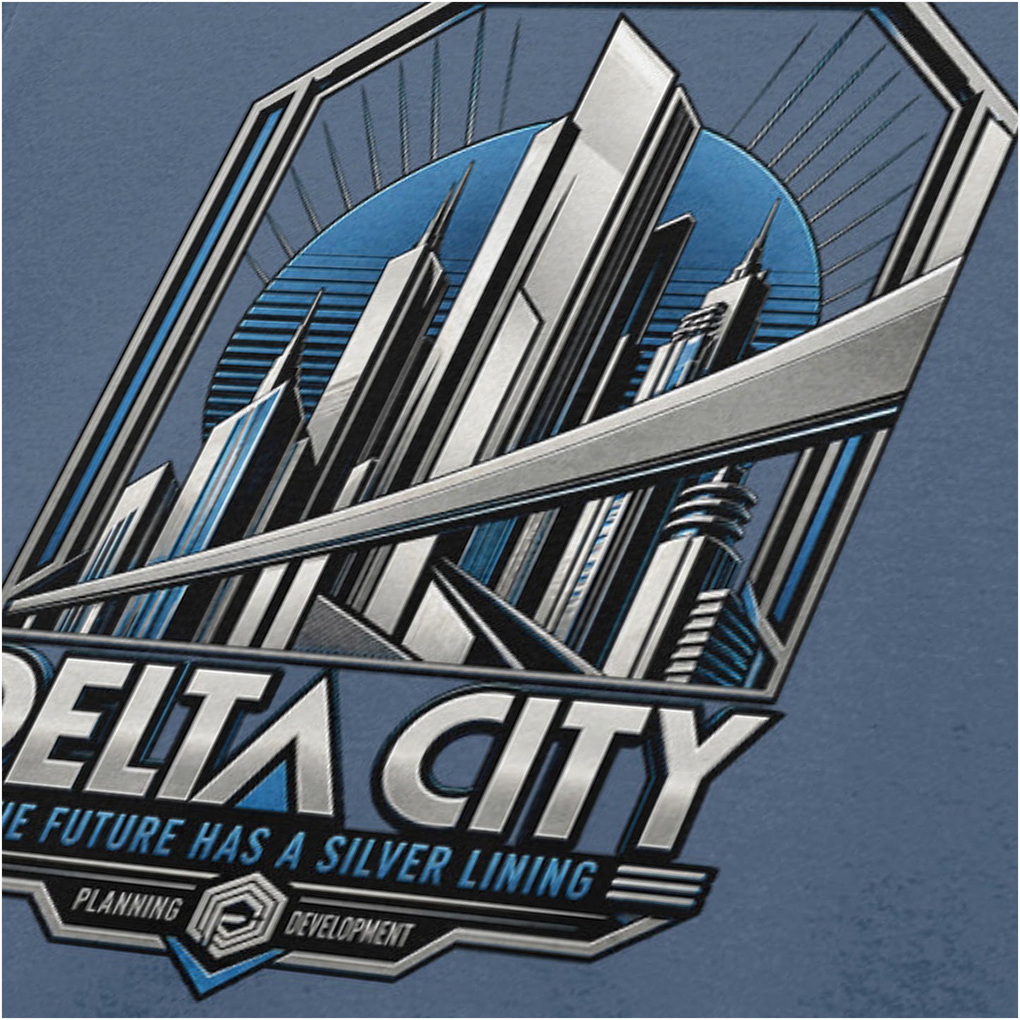 Delta City the future has a silver lining close up T-shirt in indigo from RoboCop