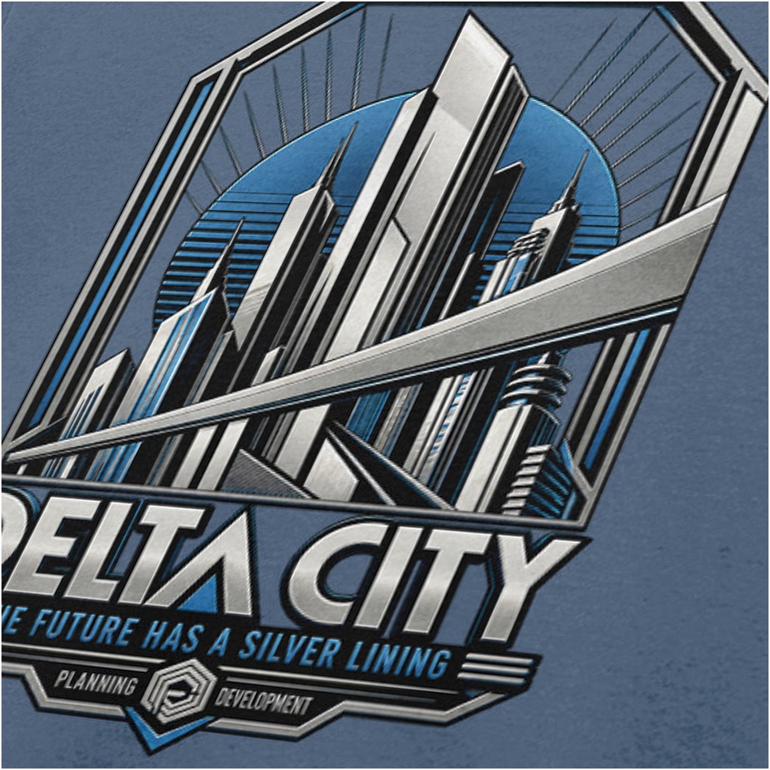 Delta City the future has a silver lining close up T-shirt in indigo from RoboCop
