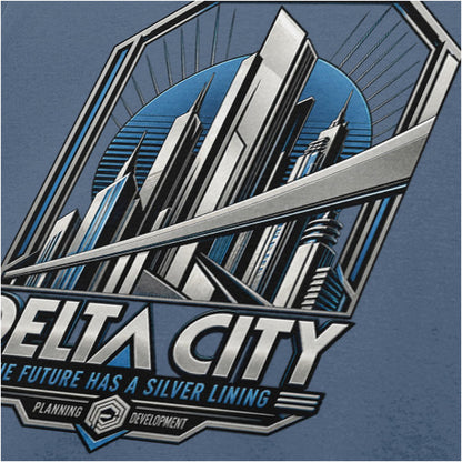 Delta City the future has a silver lining close up T-shirt in indigo from RoboCop
