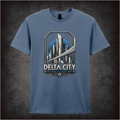 Delta City the future has a silver lining T-shirt in indigo from RoboCop