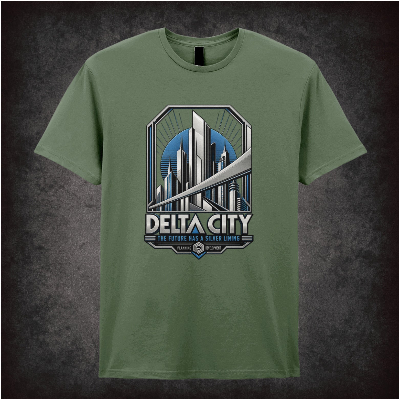 Delta City the future has a silver lining T-shirt in military green from RoboCop