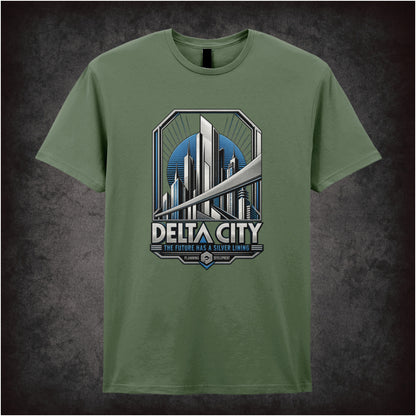 Delta City the future has a silver lining T-shirt in military green from RoboCop