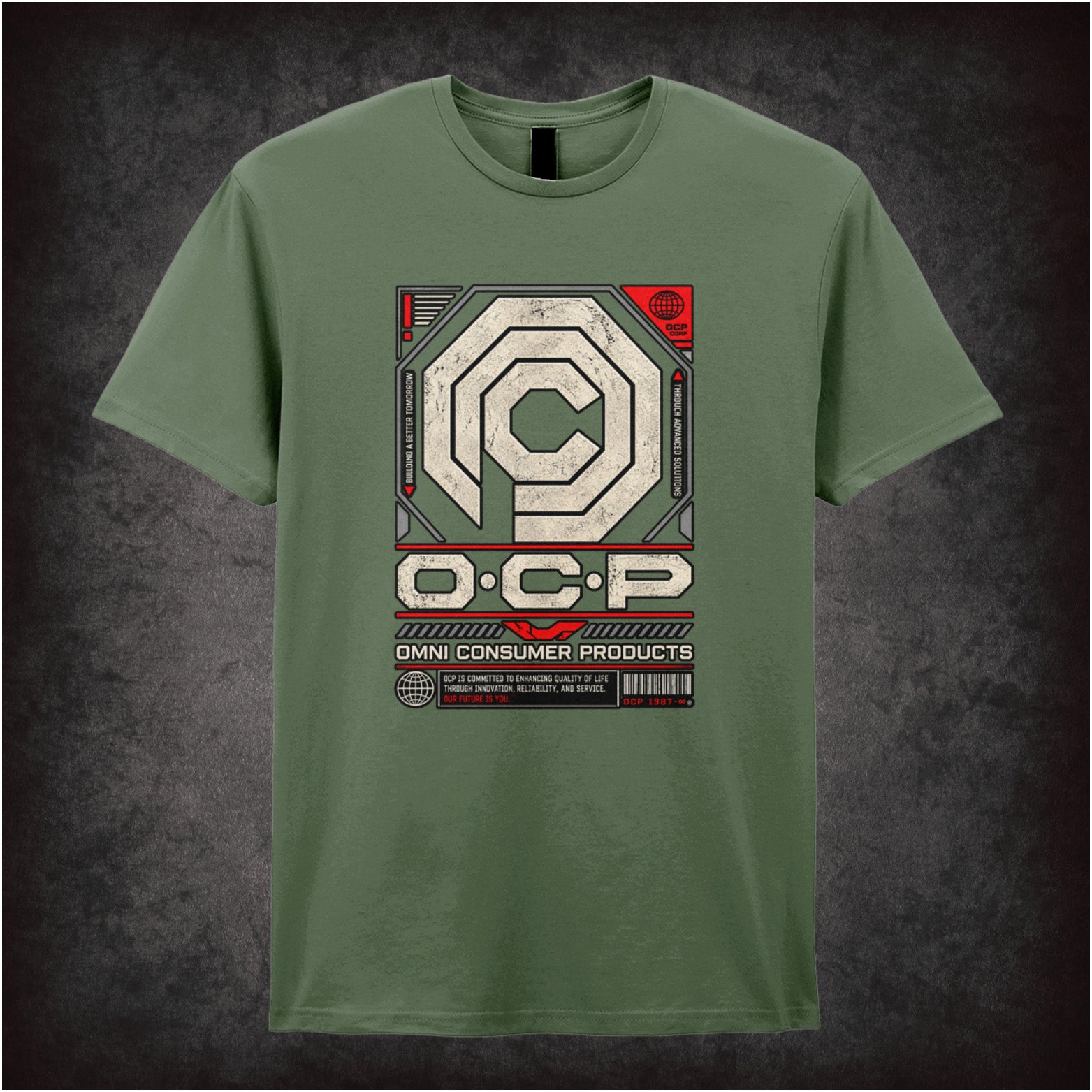 OCP Omni Consumer Products logo T-shirt in military green from RoboCop
