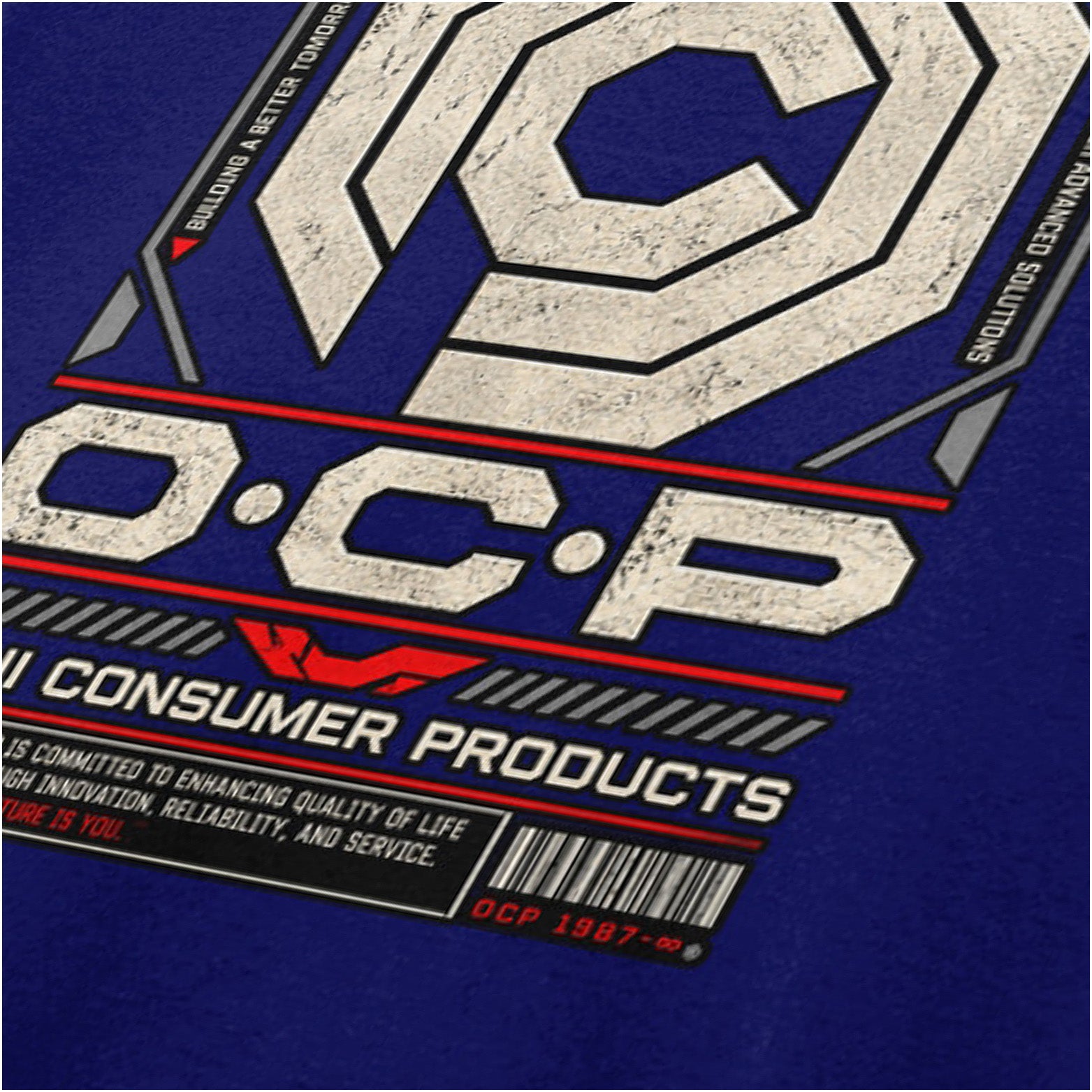 OCP Omni Consumer Products logo close up T-shirt in navy from RoboCop