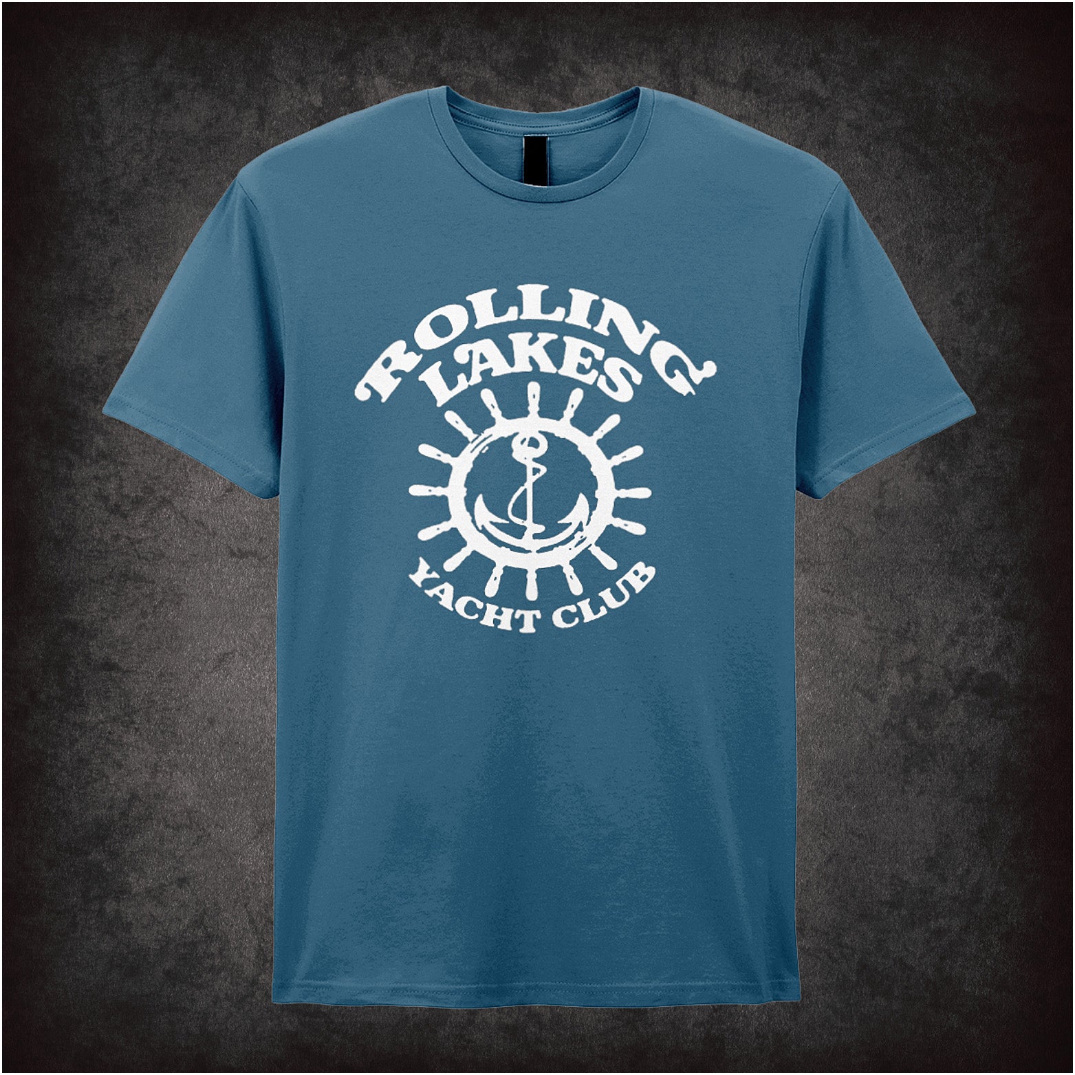 Indigo unisex t-shirt featuring the "Rolling Lakes Yacht Club" logo from Caddyshack in classic, vintage-style typography.