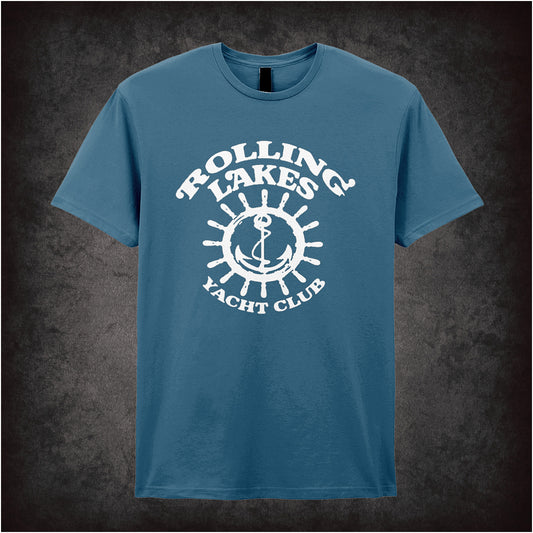 Indigo unisex t-shirt featuring the "Rolling Lakes Yacht Club" logo from Caddyshack in classic, vintage-style typography.