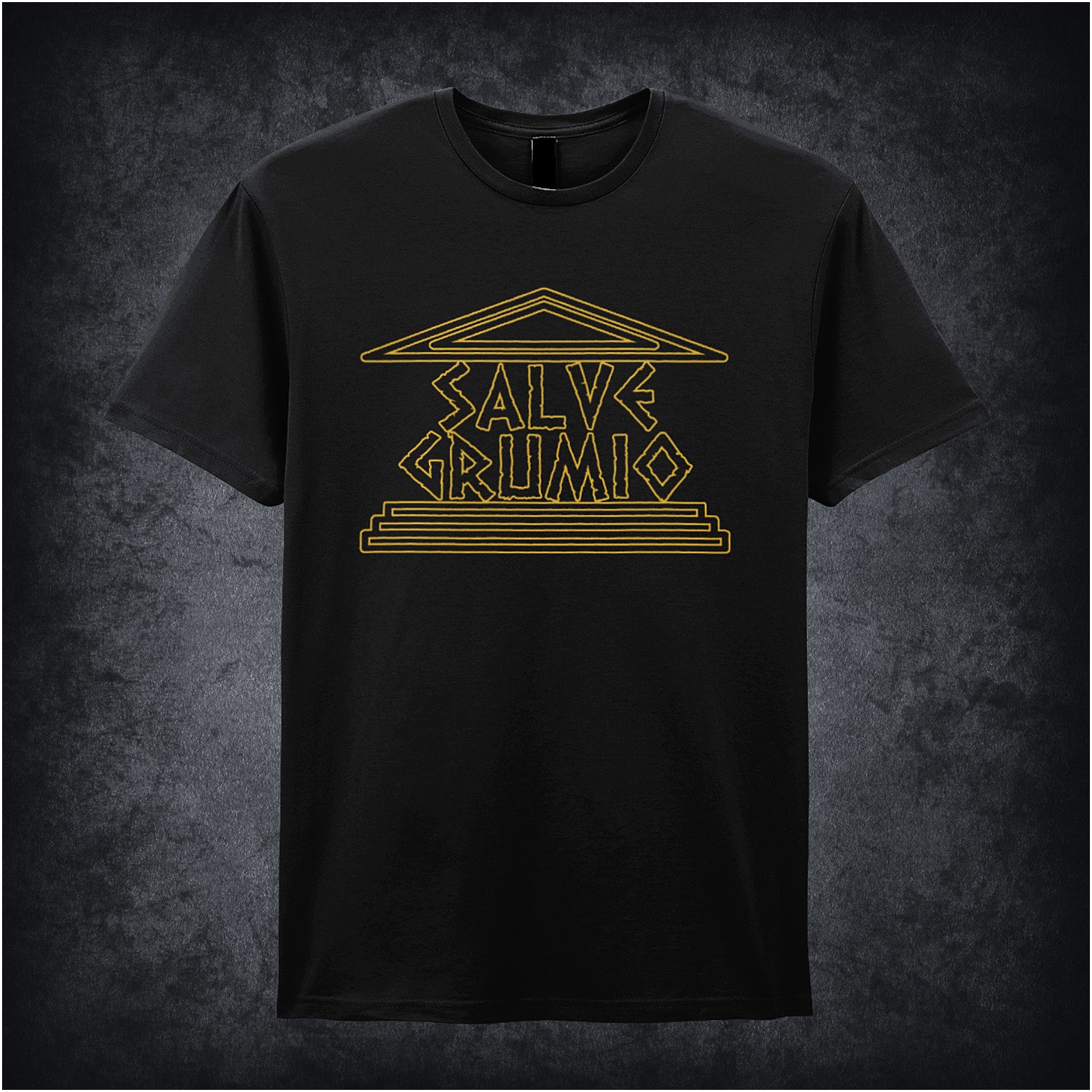 black soft style unisex T-shirt featuring the phrase "Salve Grumio" inspired by Plebs, styled in bold, Roman-themed lettering.