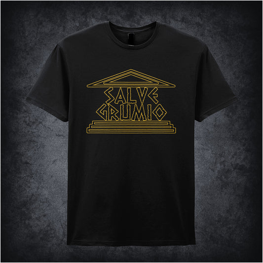 black soft style unisex T-shirt featuring the phrase "Salve Grumio" inspired by Plebs, styled in bold, Roman-themed lettering.