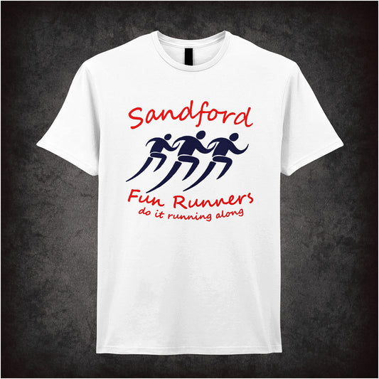 White unisex T-shirt featuring the 'Sandford Fun Runners Do It Running Along' slogan from Hot Fuzz in bold, playful lettering.