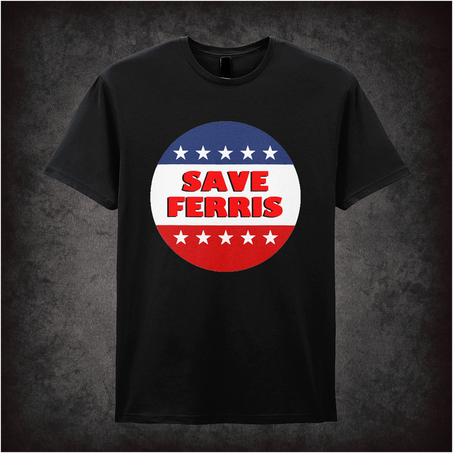 Save Ferris Ferris Bueller’s Day Off inspired soft style unisex black T-shirt featuring classic 80s movie design, perfect for retro film and comedy fans.