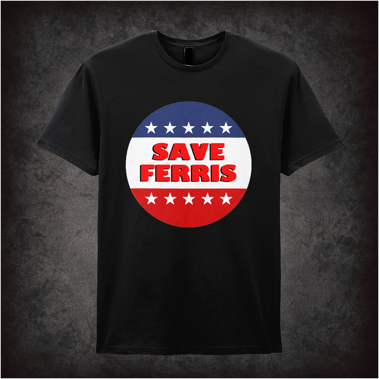 Save Ferris Ferris Bueller’s Day Off inspired soft style unisex black T-shirt featuring classic 80s movie design, perfect for retro film and comedy fans.