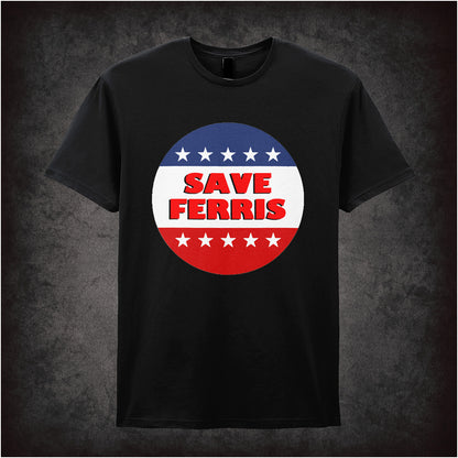 Save Ferris Ferris Bueller’s Day Off inspired soft style unisex black T-shirt featuring classic 80s movie design, perfect for retro film and comedy fans.