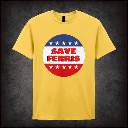 Save Ferris Ferris Bueller’s Day Off inspired soft style unisex daisy T-shirt featuring classic 80s movie design, perfect for retro film and comedy fans.