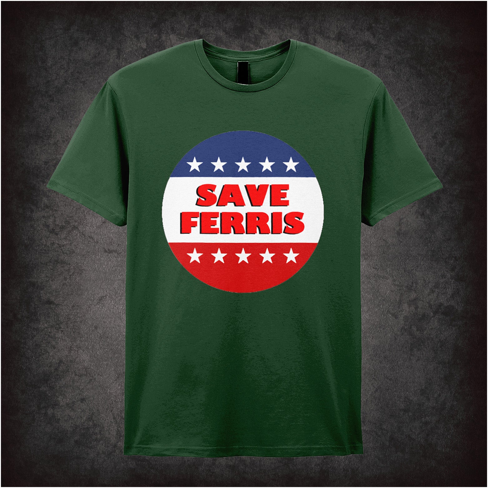 Save Ferris Ferris Bueller’s Day Off inspired soft style unisex forest green T-shirt featuring classic 80s movie design, perfect for retro film and comedy fans.