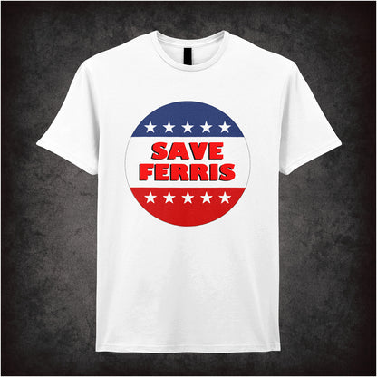 Save Ferris Ferris Bueller’s Day Off inspired soft style unisex white T-shirt featuring classic 80s movie design, perfect for retro film and comedy fans.