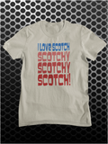 Hilarious grey T-shirt with Ron Burgundy's Anchorman quote 'I love scotch, scotchy, scotchy, scotch,' ideal for Will Ferrell and comedy fans.