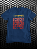 Hilarious navy blue T-shirt with Ron Burgundy's Anchorman quote 'I love scotch, scotchy, scotchy, scotch,' ideal for Will Ferrell and comedy fans.