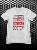 Hilarious white T-shirt with Ron Burgundy's Anchorman quote 'I love scotch, scotchy, scotchy, scotch,' ideal for Will Ferrell and comedy fans.