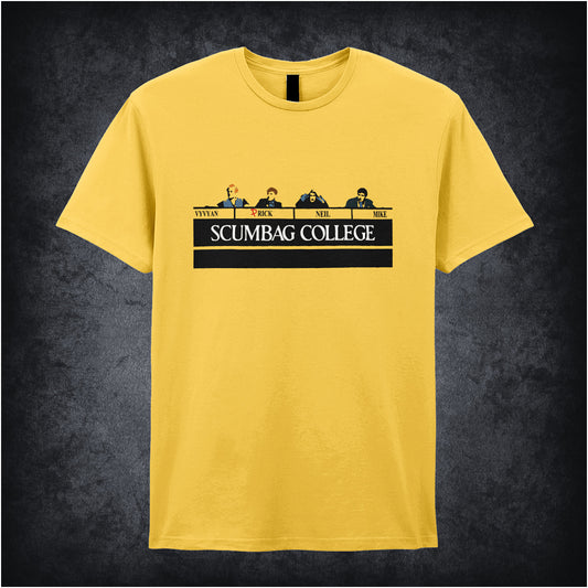 daisy unisex T-shirt featuring the phrase “Scumbag College” inspired by The Young Ones, displayed in bold collegiate-style white lettering.