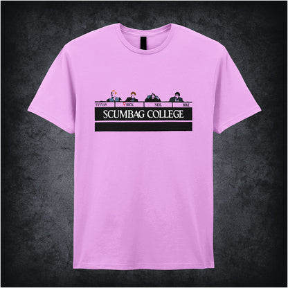 light pink unisex T-shirt featuring the phrase “Scumbag College” inspired by The Young Ones, displayed in bold collegiate-style white lettering.