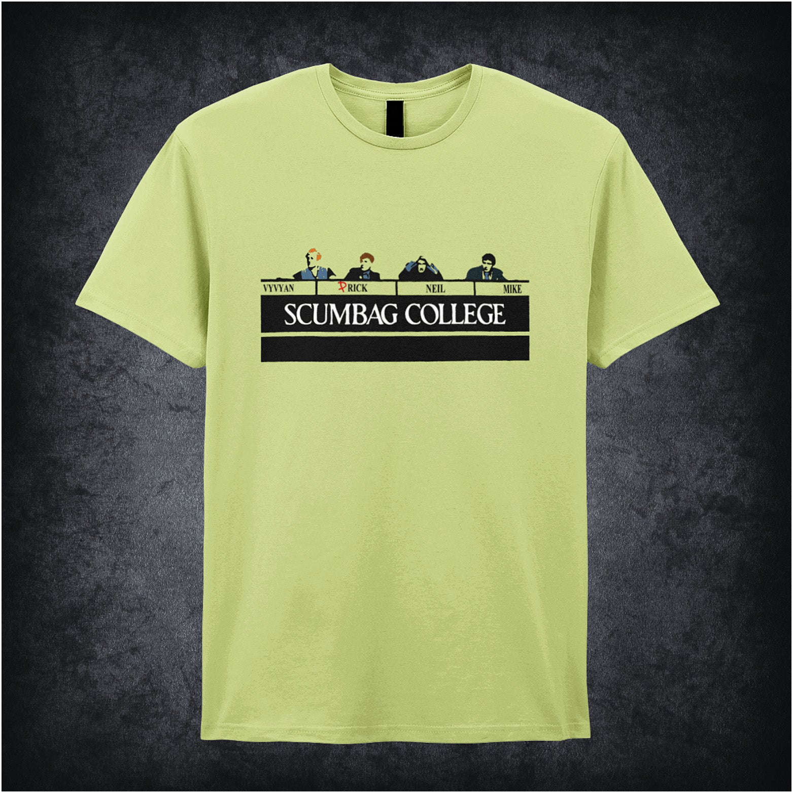 pistachio unisex T-shirt featuring the phrase “Scumbag College” inspired by The Young Ones, displayed in bold collegiate-style white lettering.