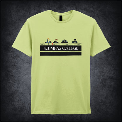 pistachio unisex T-shirt featuring the phrase “Scumbag College” inspired by The Young Ones, displayed in bold collegiate-style white lettering.