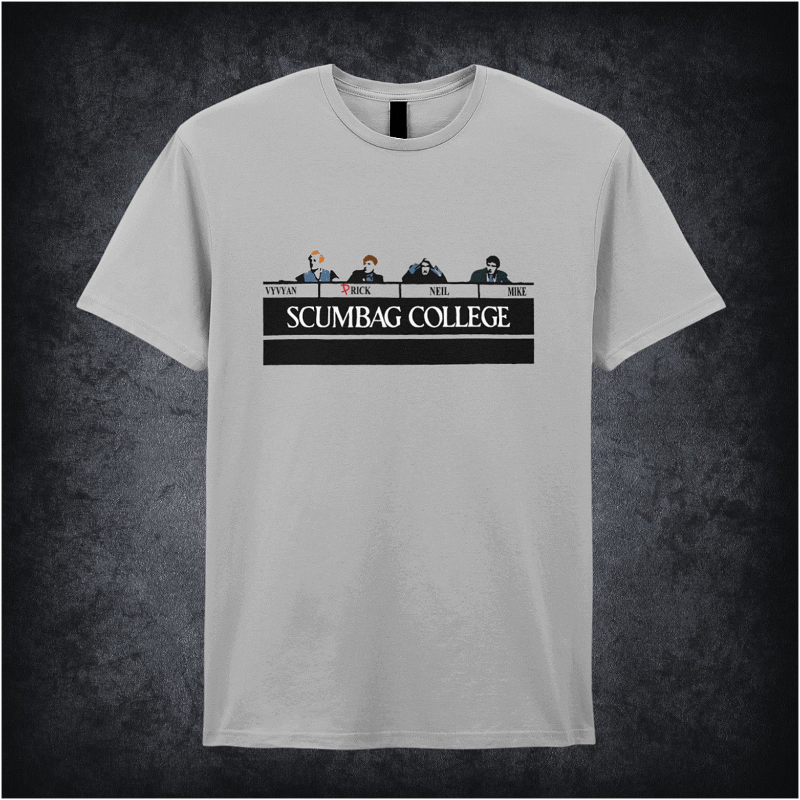 sports grey unisex T-shirt featuring the phrase “Scumbag College” inspired by The Young Ones, displayed in bold collegiate-style white lettering.